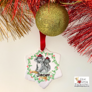 Personalised Australian Christmas ceramic Koala decorations.