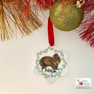 Personalised Australian Christmas ceramic Wombat decorations.
